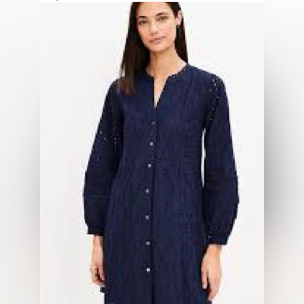 Loft Navy Blue Women's Eyelet Button Up Dress Size Medium